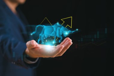 İş adamı ticaret ve finans yatırım konsepti konusunda boğa gibi davranıyor. Çevrimiçi borsa konsepti olan çokgen boğa piyasası. Yatırım geçmişindeki mal varlıklarının büyüme değeri üzerine maddi kazanç.