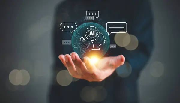 Ai bot teknolojisi konsepti, Yapay Zeka teknolojisi. Robotla sanal küresel iletişim hologramında insan sohbeti. Şirket geliştirme uygulaması için Chatbot konuşması