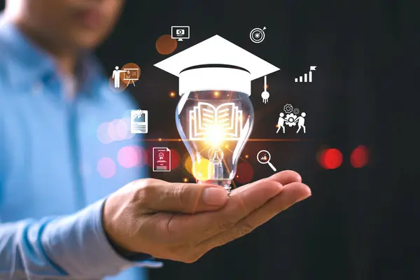 Eğitim bilgisi, lisansüstü eğitim programı konsepti. Öğrenci kitap ikonu, ampul mezuniyet şapkası. Öğrenim bilgisi, yaratıcı düşünce, online eğitim sınıfı, diploma çözümü