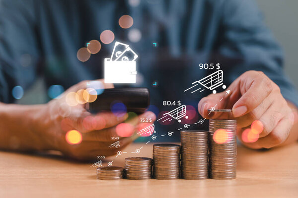 Концепция интернет-магазина оплаты. Технологии цифрового маркетинга розничной торговли. Человек пользуется смартфоном, мобильным банкингом, интернет-магазином, иконой кредитной карты супермаркета