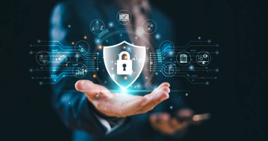 Şifre kilitli siber güvenlik sistemi, internet korsan saldırısı. Siber güvenlik teknolojisi konsepti. Mahremiyet güvenli çevrimiçi ağ. Veri dolandırıcılığı suç çözümü, dijital bilgi kalkanı