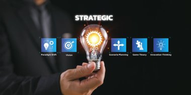 Strategic success planning concept. Leadership focus on business objective strategy. Leader vision as chess game for teamwork management idea. Manager hold light bulb, business opportunity target goal clipart