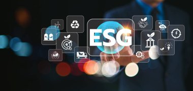 Düşük karbondioksit değişimi için ESG simgesi, çevresel sosyal yönetim. Sıfır emisyon, karbon kredisi, yeşil iş konsepti. Sürdürülebilir temiz teknoloji için finans parası yatırımı. Bond borsası