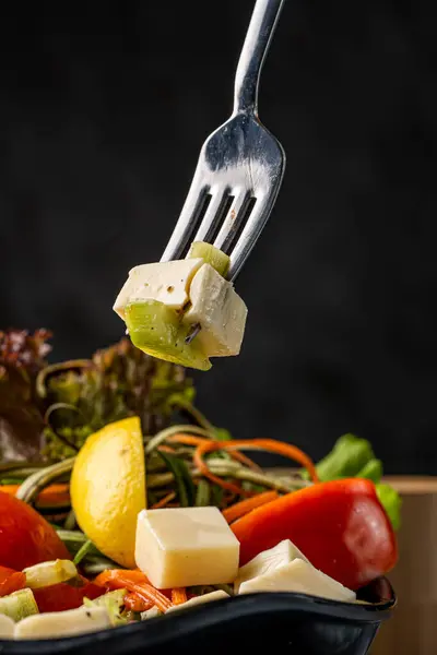 Close Photo Greek Salad Cheese Vegetables — Stock Photo, Image