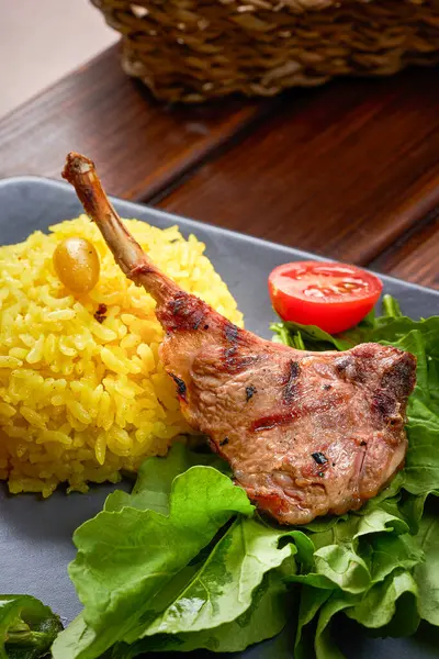 Close Photo Grilled Lamb Ribs Rice Leafy Vegetables — Stock Photo, Image