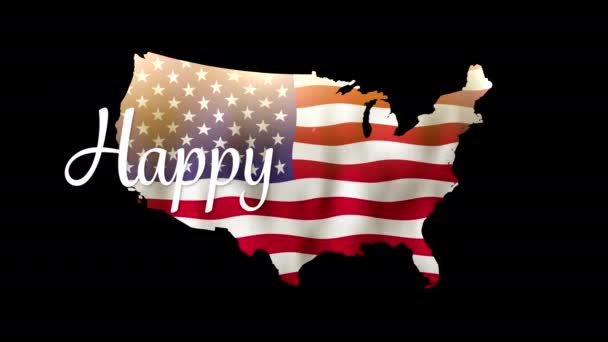 7月4日快乐地在黑色背景的美国地图上挥动美国国旗 — 图库视频影像