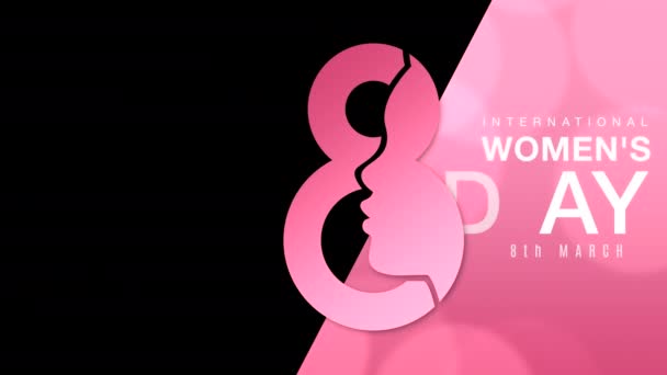 国際女性デーバナークリップ 女性のシルエットとシームレスなループで黒い背景にアニメーションテキスト — ストック動画