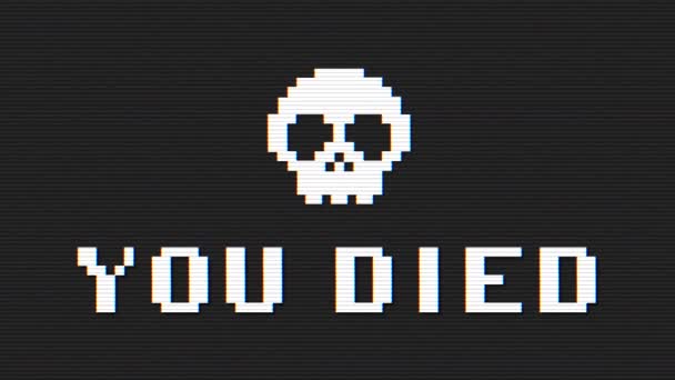 Glitch Video Game Screen Animation Pixel Text You Died Skull — Stock Video