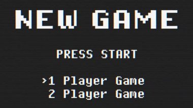 Piksel metin Yeni Oyun ile video oyunu ekran animasyonu, başlat tuşuna basın