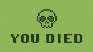 Piksel metin Sen ÖLDÜ ve Kafatası ile video oyunu ekran animasyonu arızası