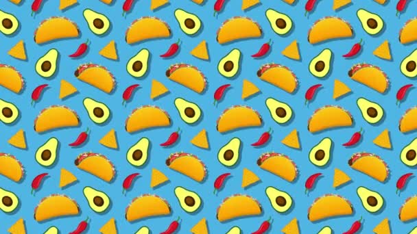 Färgad Bakgrund Med Tacos Och Avokado Motion Design Animation — Stockvideo