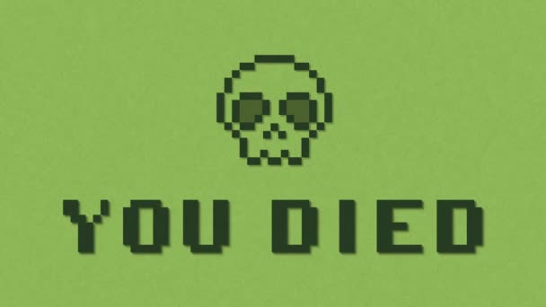 Glitch视频游戏屏幕动画与像素文字你死了和骷髅 — 图库视频影像