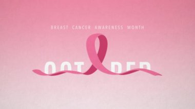 Göğüs kanseri ay pankartı. Farkındalık, pembe kurdele ve kusursuz bir döngü içinde animasyon metni..