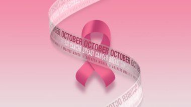 Göğüs kanseri ay pankartı. Farkındalık, pembe kurdele ve kusursuz bir döngü içinde animasyon metni..