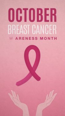 Farkındalık pembe kurdele desenli bir meme kanseri ay pankartı ve kusursuz bir döngü içinde animasyon metni..