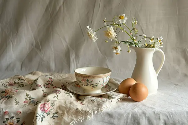 - white still life with white objects and eggs, generative ai