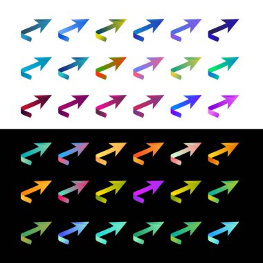 Ok simgeleri ayarlandı. Sağ ok. Renkli ok sembolleri. Eğri okları topla. Modern düz oklar. Vektör grafik ögeleri.