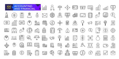 Bilgi grafikleri, mobil ux / ui kit için muhasebe ve finans satırı simgeleri ayarlandı