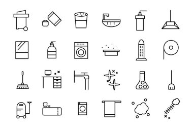 Temizlik ve Bakım Simgeleri Konut ve Toplum Hizmetleri Temizlik Servisi Simgesi Koleksiyonu Paketi.