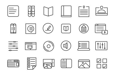 İçerik oluşturucu simgesi kümesi illüstrasyonu. Doğrusal simge koleksiyonu. Minimalist doğrusal ağ simgeleri paketi.