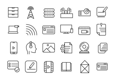 İçerik oluşturucu simgesi kümesi illüstrasyonu. Doğrusal simge koleksiyonu. Minimalist doğrusal ağ simgeleri paketi.