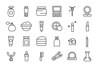 Kozmetik ve güzellik ikonları hazır. Dekoratif kozmetik cilt ve yüz bakımı ikonları koleksiyonu.