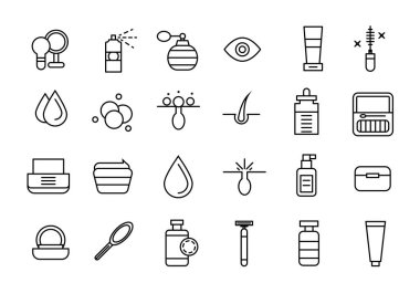 Kozmetik ve güzellik ikonları hazır. Dekoratif kozmetik cilt ve yüz bakımı ikonları koleksiyonu.