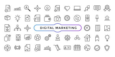 Dijital pazarlama çizgisi simgeleri ayarlandı. Web ve mobil uygulama için pazarlama ana hatları simgeleri koleksiyonu.