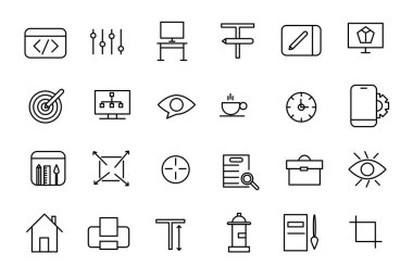 Grafik tasarımının ince çizgi simgeleri. Modern biçim düzleminde basit doğrusal simgeler, Yaratıcı Süreç.