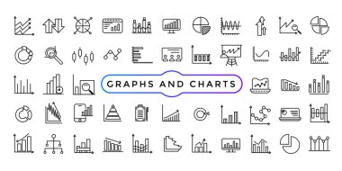 Tasarımınız için grafik ve grafiklerle ilgili vektör simgeleri. Grafik ve istatistik simgeleri ayarlandı.