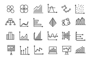 Tasarımınız için grafik ve grafiklerle ilgili vektör simgeleri. Grafik ve istatistik simgeleri ayarlandı.