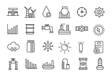 Petrol ve gaz endüstrisi ikonları. Basit çizgi sanat simgeleri paketi. İnce çizgi ağ simgesi seti.