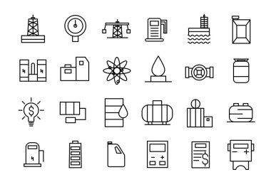 Petrol ve gaz endüstrisi ikonları. Basit çizgi sanat simgeleri paketi. İnce çizgi ağ simgesi seti.