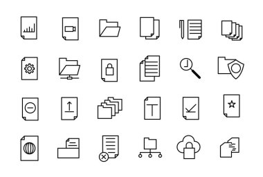 Belge ve dosya satırı simgeleri. Web sitesi pazarlama için basit çizgi resim simgeleri paketi. İnce çizgi ağ simgesi seti.