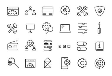 Satır simgeleri koleksiyonu ayarlanıyor ve ayarlanıyor. İşlem, teçhizat, işleme, araç simgeleri. İnce taslak simgeler paketi. Kullanıcı simgesi seti.