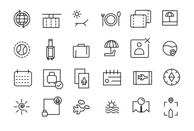 Seyahat ve tatil lineer simgeleri koleksiyonu. Seyahat ve turizm unsurları koleksiyonu. Vektör illüstrasyonu.