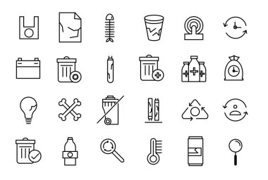 Atık çizgi simgelerinin geri dönüşümü. Çöp öğütücü. Çöp ayıklama, atık ayıklama ve geri dönüşüm. Düzenlenebilir vuruş vektörü illüstrasyonu.