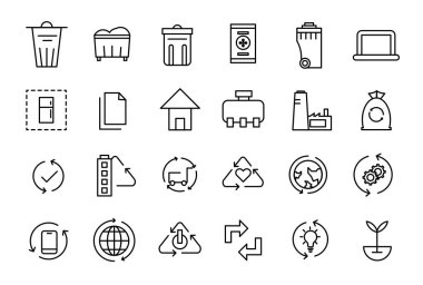 Atık çizgi simgelerinin geri dönüşümü. Çöp öğütücü. Çöp ayıklama, atık ayıklama ve geri dönüşüm. Düzenlenebilir vuruş vektörü illüstrasyonu.