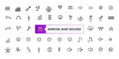 Ok ve Ses simgesi basit satır resim simgeleri paketi ayarladı. Vektör illüstrasyonu
