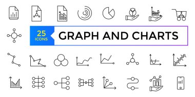 Grafik ve grafiklerle ilgili vektör simgeleri dizaynı. Grafiksel doğrusal simge koleksiyonu. 