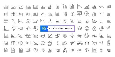 Grafik ve grafiklerle ilgili vektör simgeleri dizaynı. Grafiksel doğrusal simge koleksiyonu. 