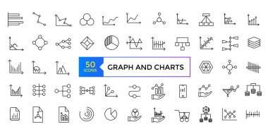 Grafik ve grafiklerle ilgili vektör simgeleri dizaynı. Grafiksel doğrusal simge koleksiyonu. 