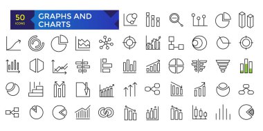 Tasarımınız için grafik ve grafiklerle ilgili vektör simgeleri. Grafik ve istatistik simgeleri ayarlandı. Basit doğrusal ağ simgeleri koleksiyonu, satır çizelgeleri