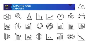 Tasarımınız için grafik ve grafiklerle ilgili vektör simgeleri. Grafik ve istatistik simgeleri ayarlandı. Basit doğrusal ağ simgeleri koleksiyonu, satır çizelgeleri