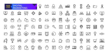 Dijital Pazarlama web simgeleri hizada. Sosyal, ağlar, geribildirim, iletişim, pazarlama, ekommerce.