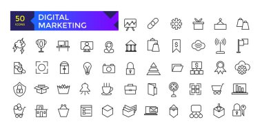 Dijital Pazarlama web simgeleri hizada. Sosyal, ağlar, geribildirim, iletişim, pazarlama, ekommerce.