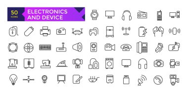 Elektronik, Cihaz ve teknoloji hattı simgesi seti. Elektronik cihazlar ve aygıtlar, bilgisayar, ekipman ve elektronik. 