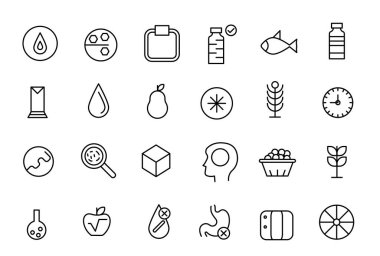 Sağlık, ruh sağlığı, sağlık, sağlık, kozmetik, spa ve sağlık konularında gıda ve beslenme çizgisi ikonları. Taslak simge koleksiyonu.