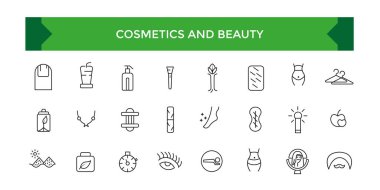 Kozmetik ve güzellik çizgisi ikonları koleksiyonu. Büyük UI simgesi düz dizayn edildi. İnce taslak simgeler paketi. Vektör illüstrasyonu