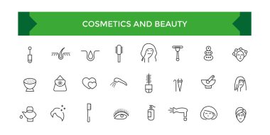Kozmetik ve güzellik çizgisi ikonları koleksiyonu. Büyük UI simgesi düz dizayn edildi. İnce taslak simgeler paketi. Vektör illüstrasyonu